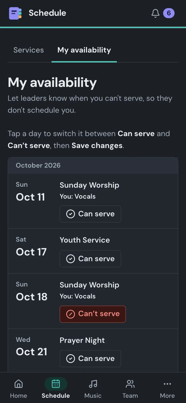 The My availability screen on a phone, with example data: days you can’t serve