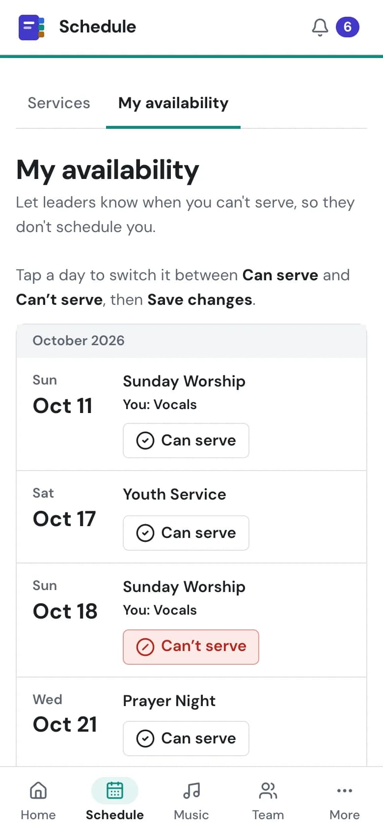 The My availability screen on a phone, with example data: days you can’t serve