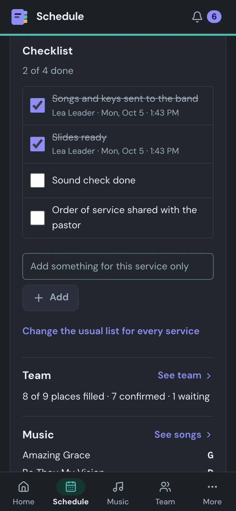 A service checklist on a phone, with example data