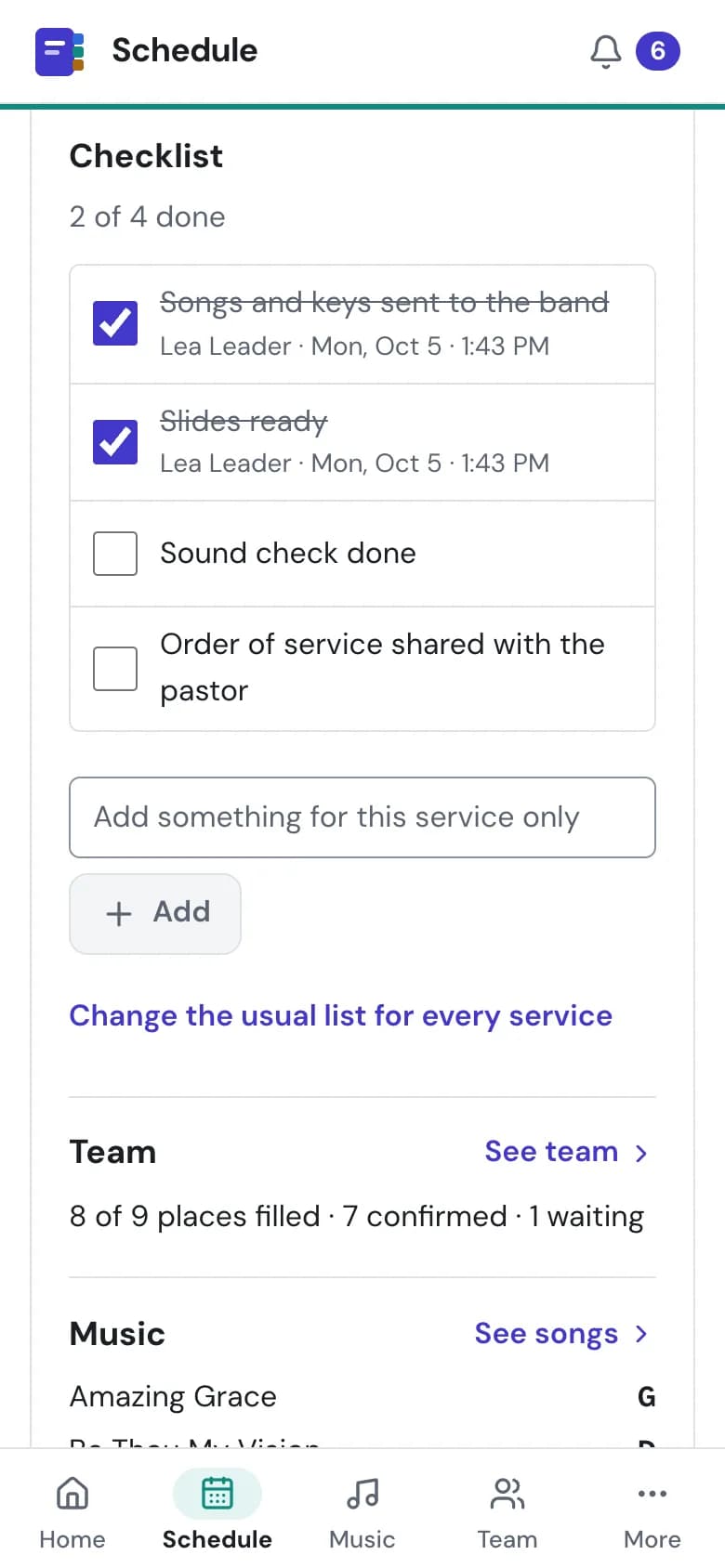 A service checklist on a phone, with example data
