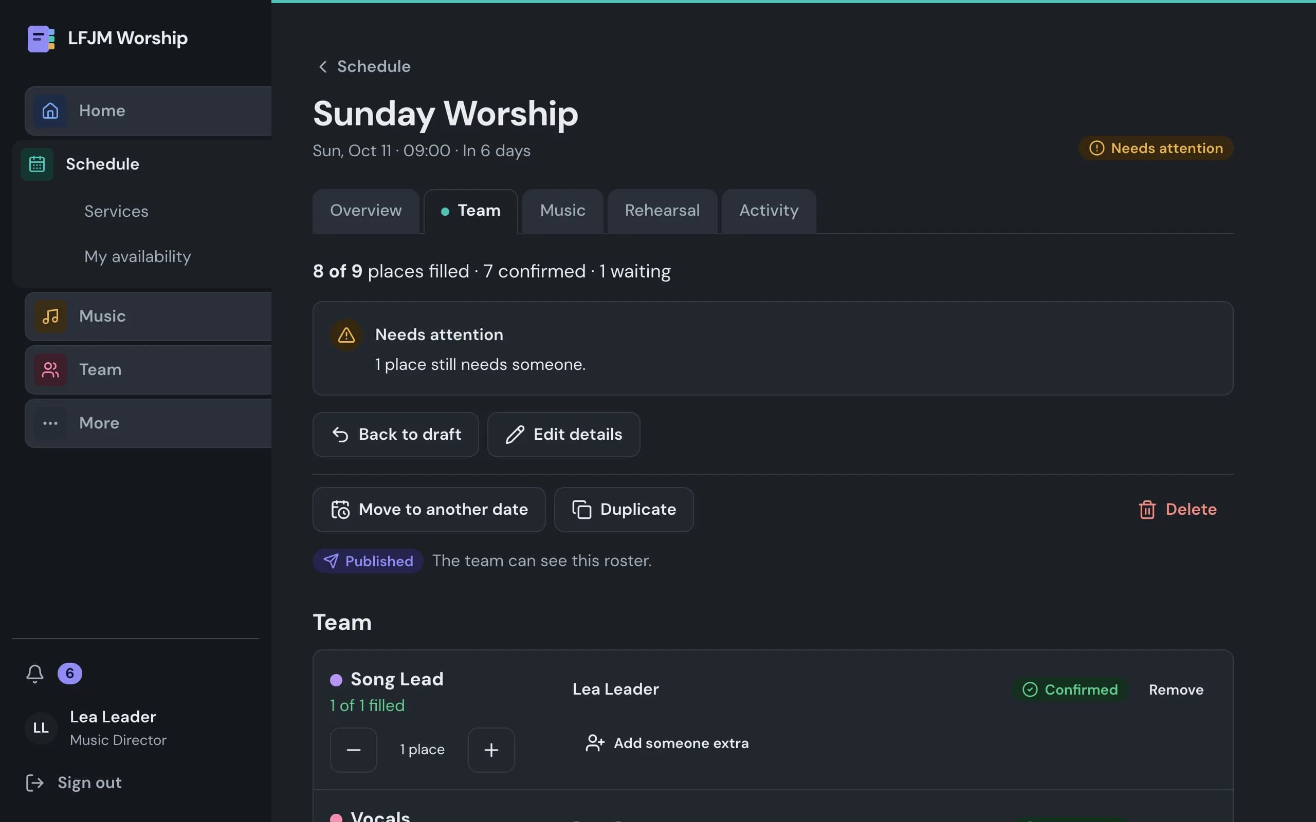A leader planning a service on a computer, with example data: the section tabs down the side and the team for Sunday Worship