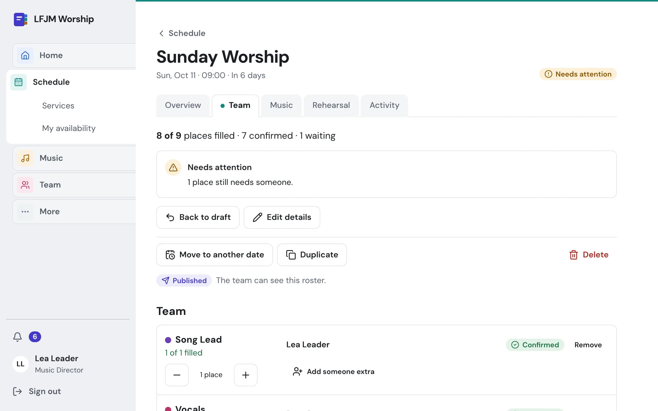 A leader planning a service on a computer, with example data: the section tabs down the side and the team for Sunday Worship