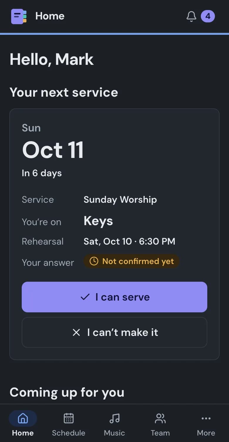 The Home screen on a phone, with example data: your next service, confirmed