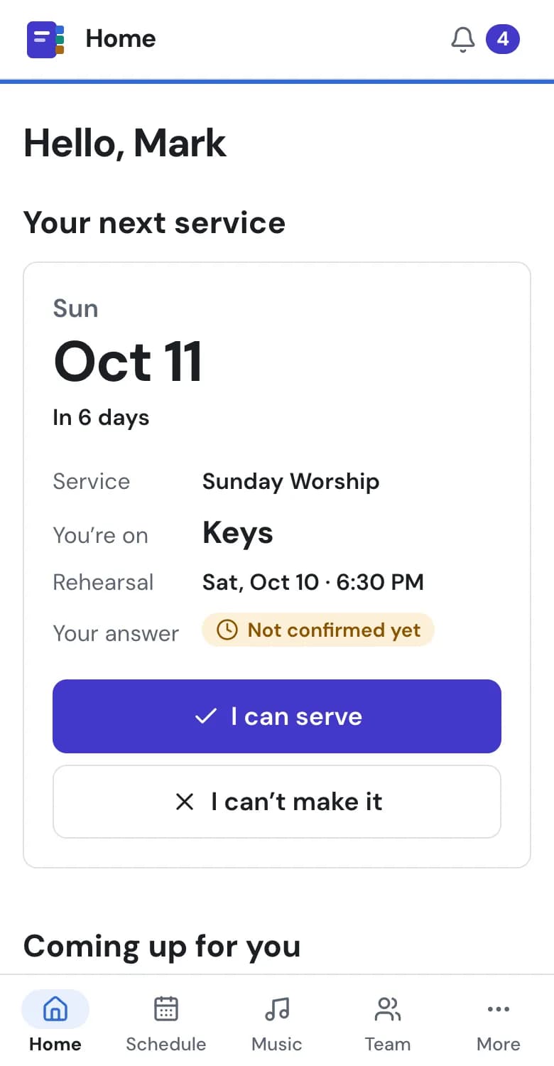 The Home screen on a phone, with example data: your next service, confirmed