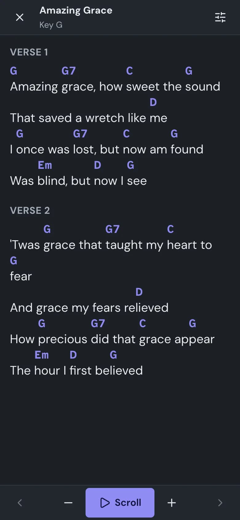 Musician mode on a phone, with example data: a large chord chart