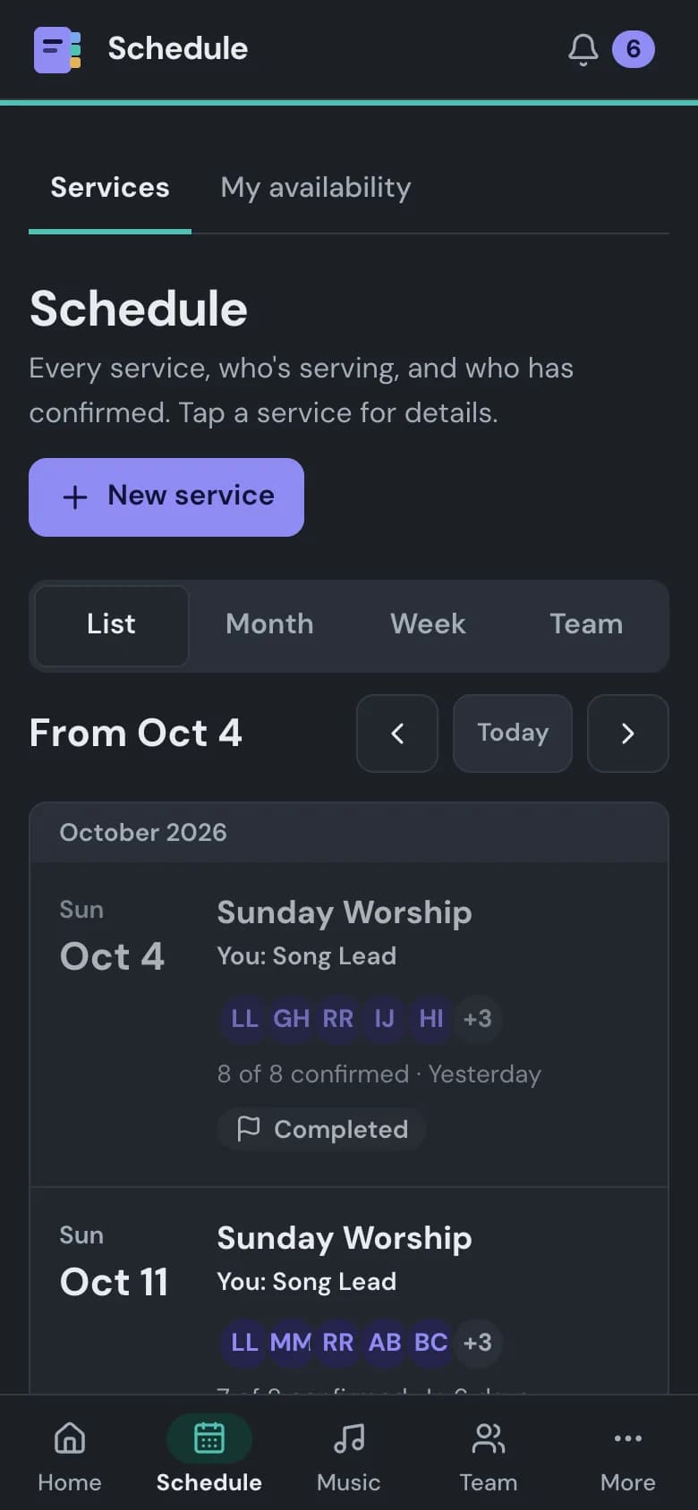 The schedule on a phone, with example data: each service and who is serving