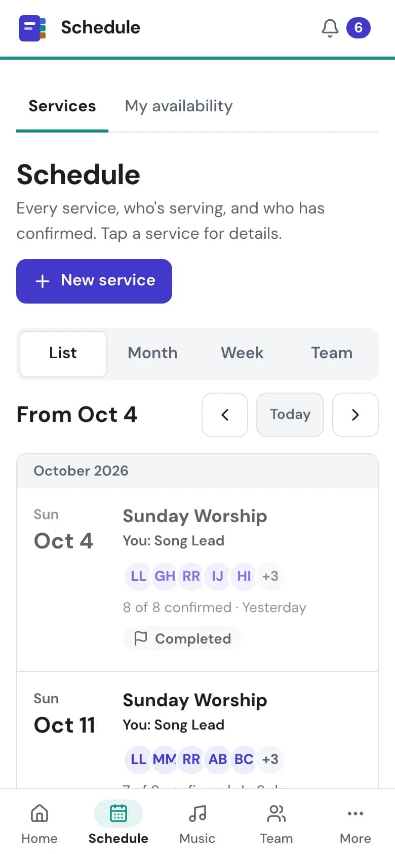 The schedule on a phone, with example data: each service and who is serving