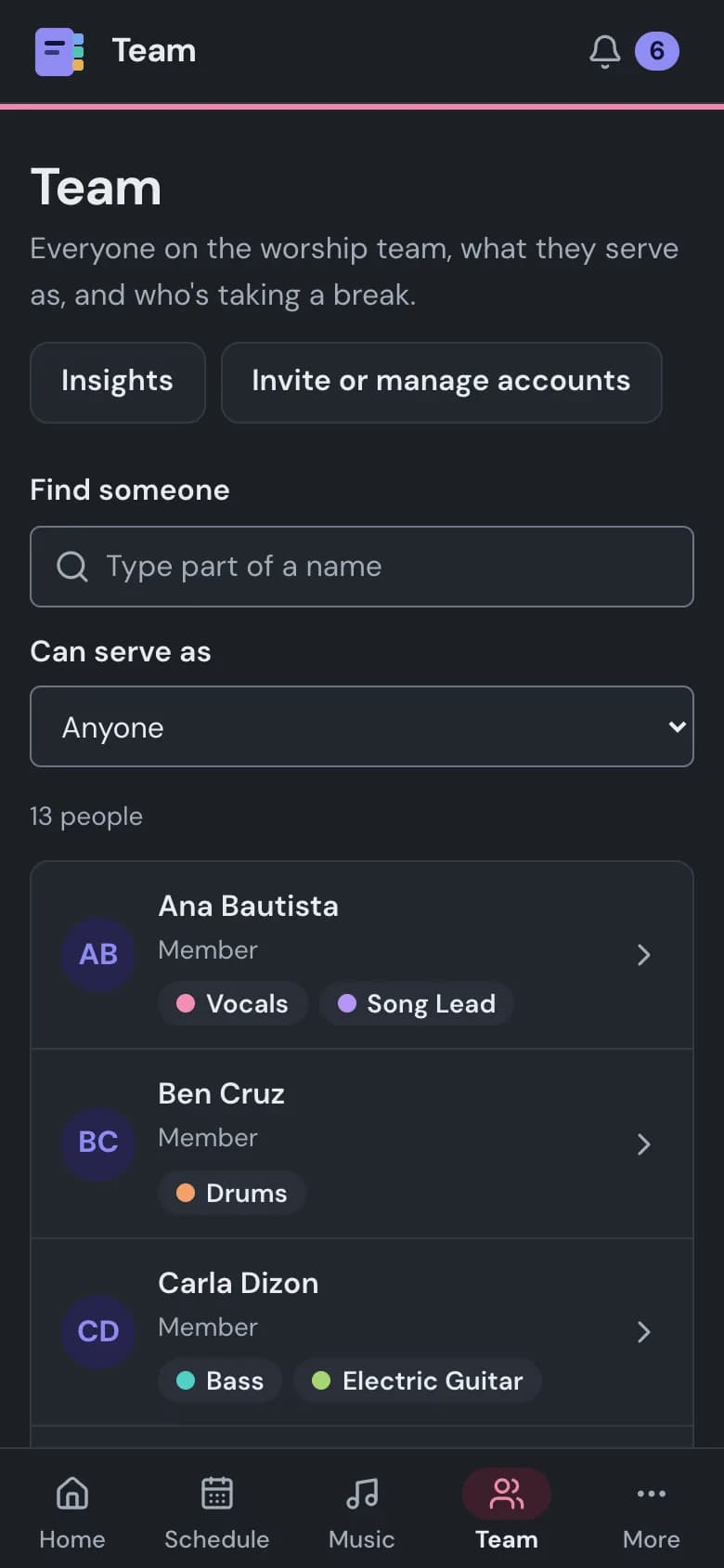 The team directory on a phone, with example data