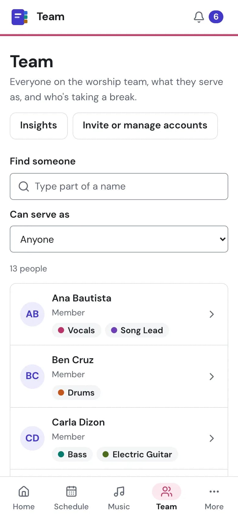 The team directory on a phone, with example data